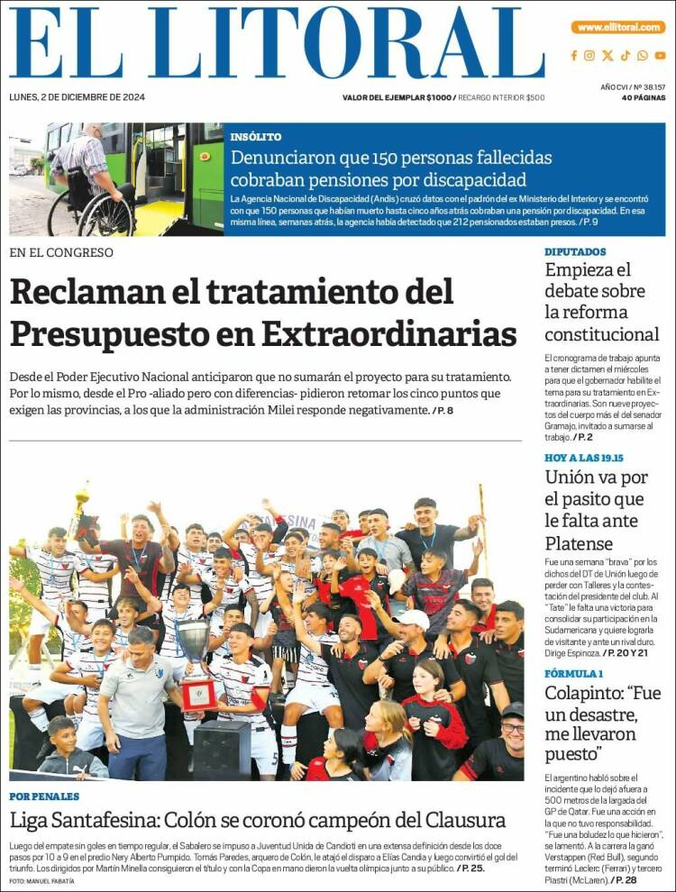 Portada de Diario El Litoral (Argentina)