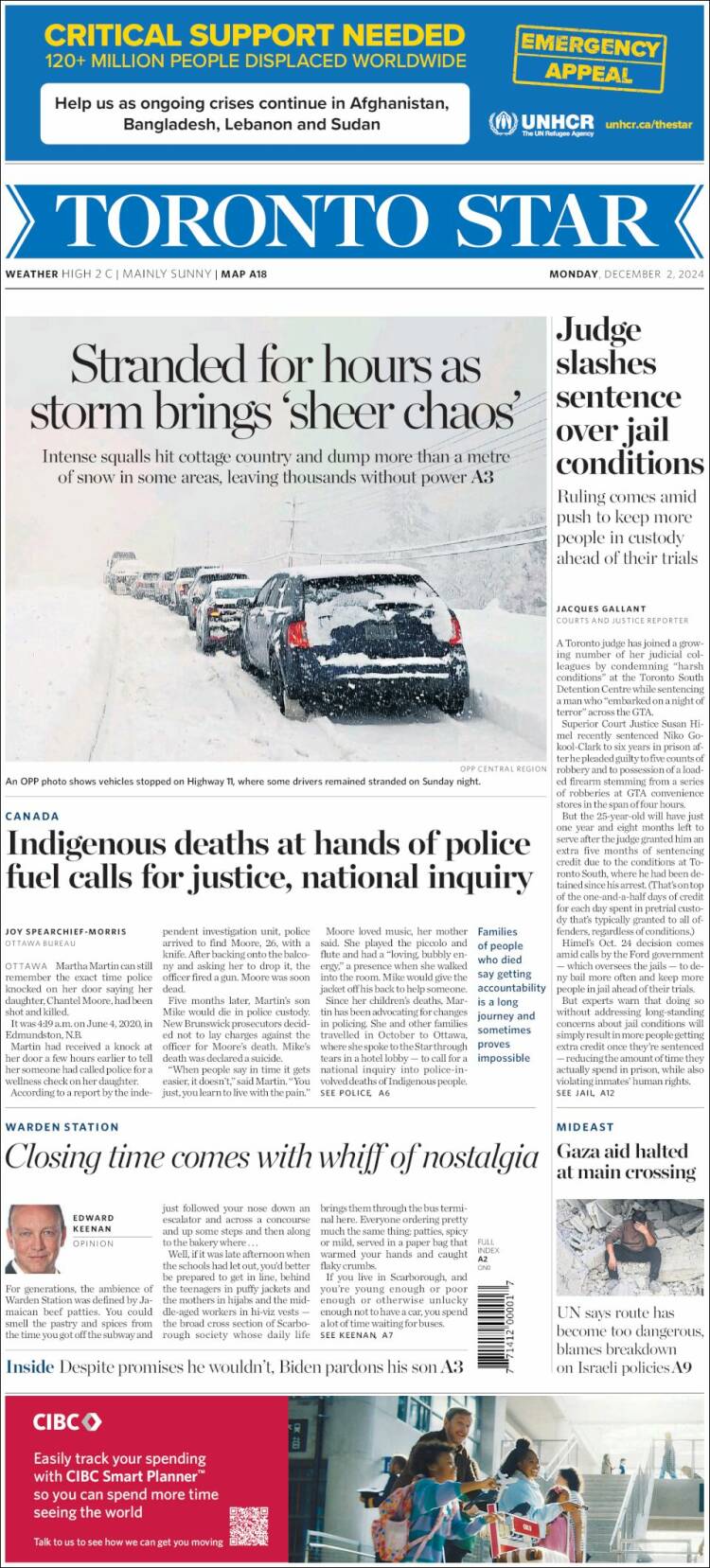 Portada de The Toronto Star (Canadá)