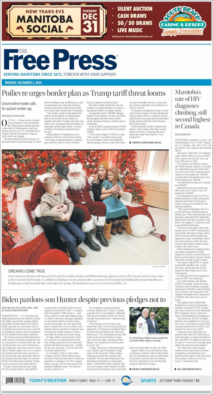 Portada de Winnipeg Free Press (Canadá)