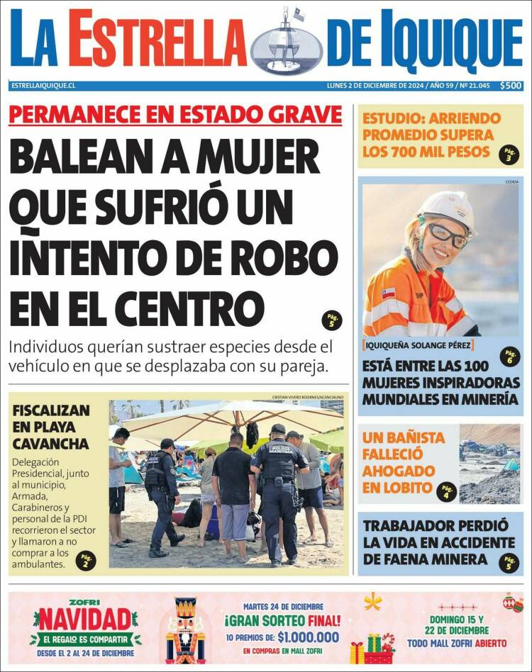 Portada de La Estrella de Iquique (Chile)