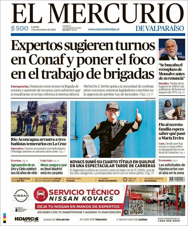 Portada de Mercurio de Valparaiso (Chile)