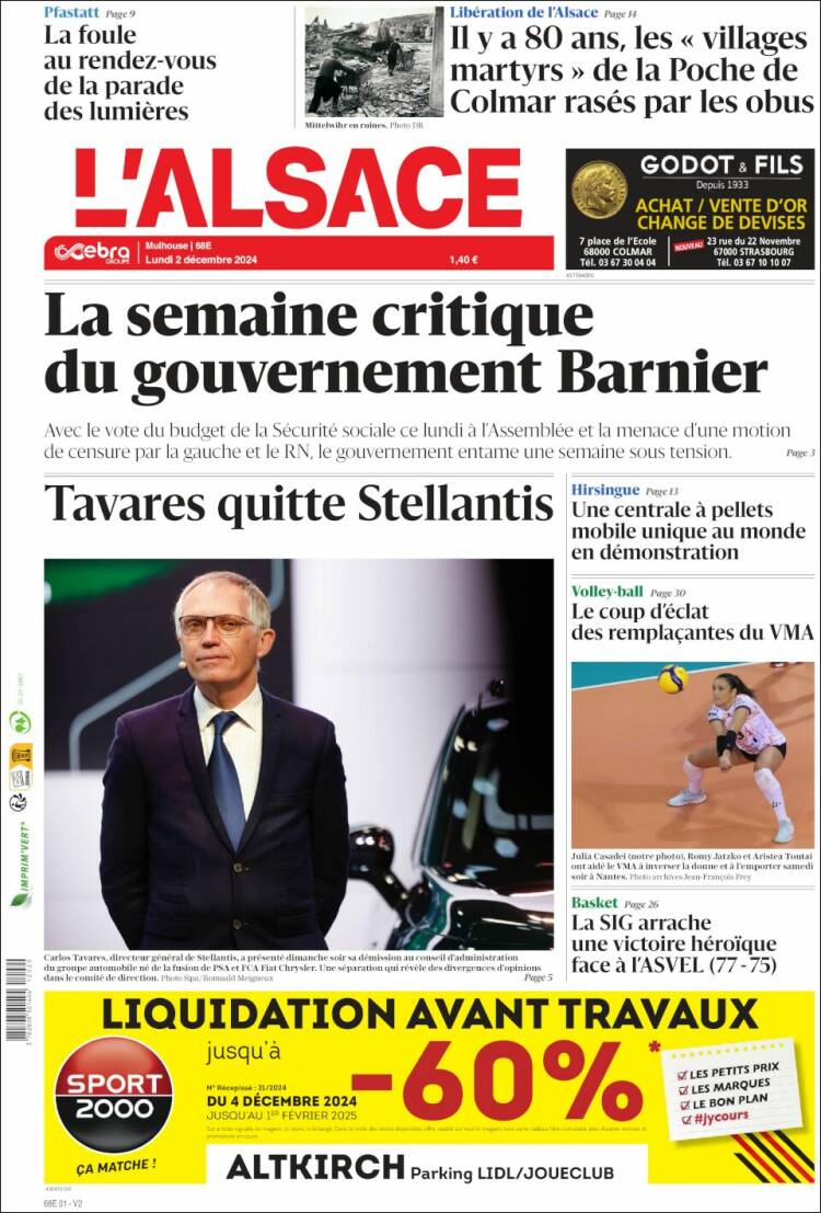 Portada de Journal L'Alsace (Francia)