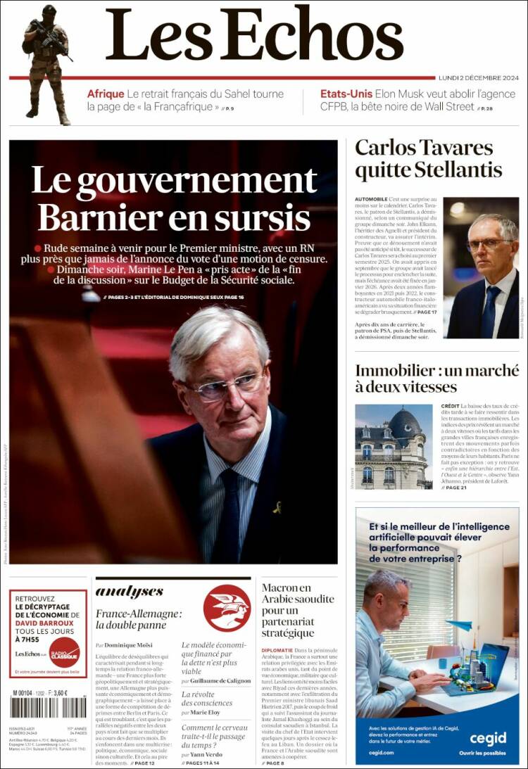 Portada de Les Echos (Francia)