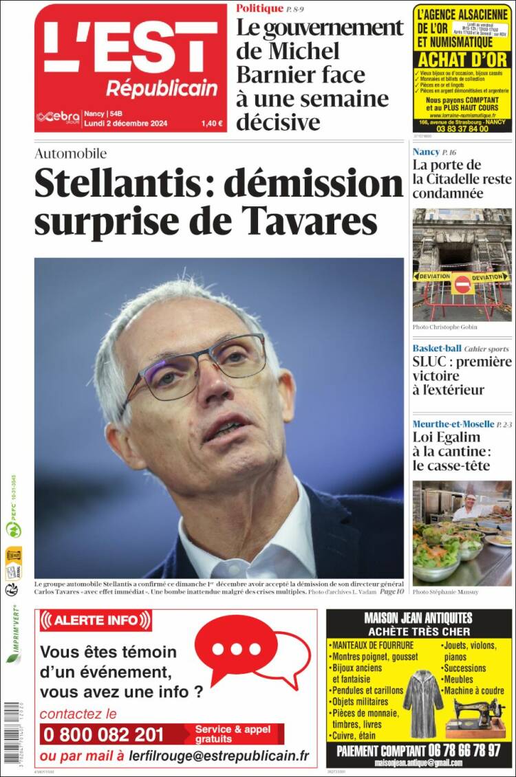 Portada de L'Est Republicain (Francia)