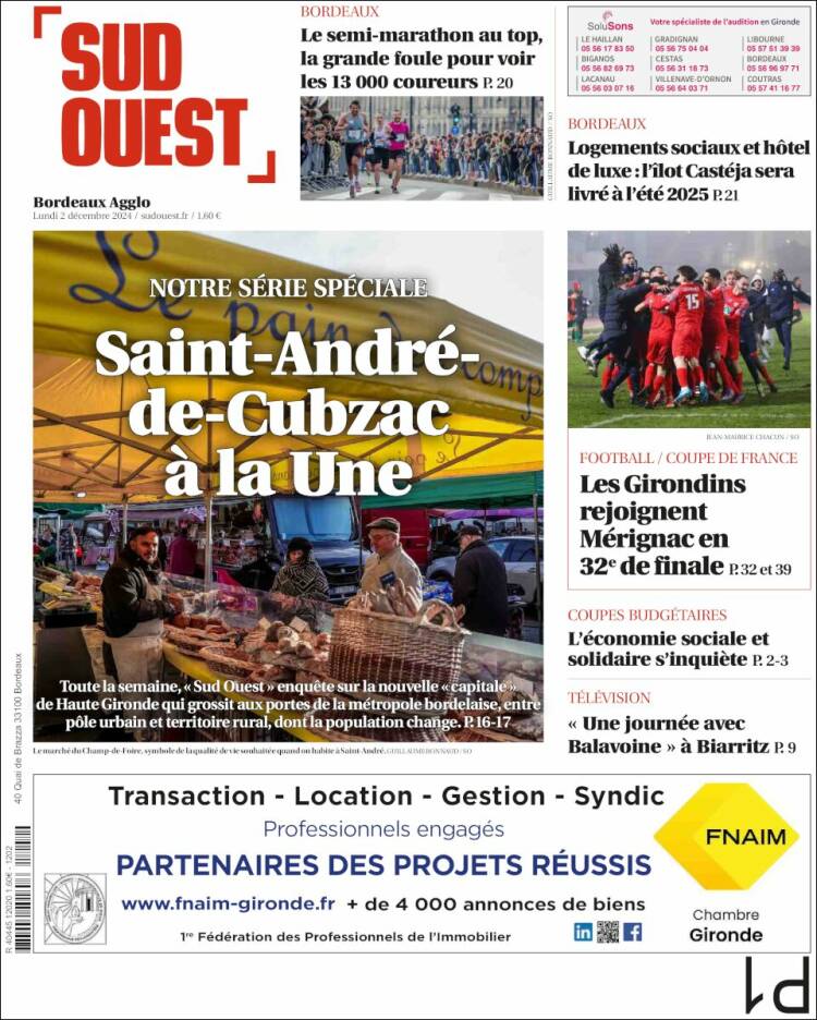 Portada de Sud Ouest (Francia)