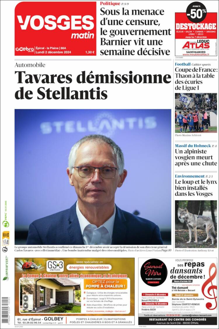 Portada de Vosges Matin (Francia)