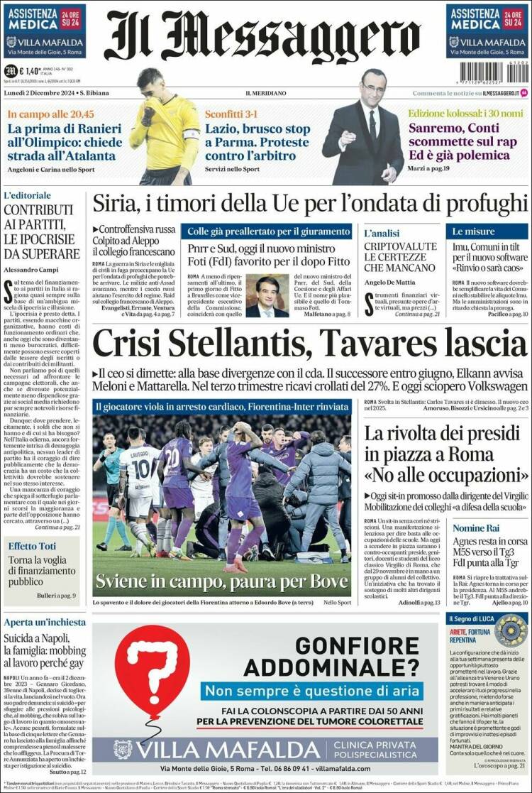 Portada de Il Messaggero (Italia)