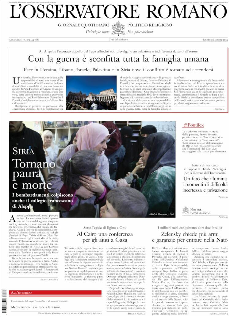Portada de L'Osservatore Romano (Italia)