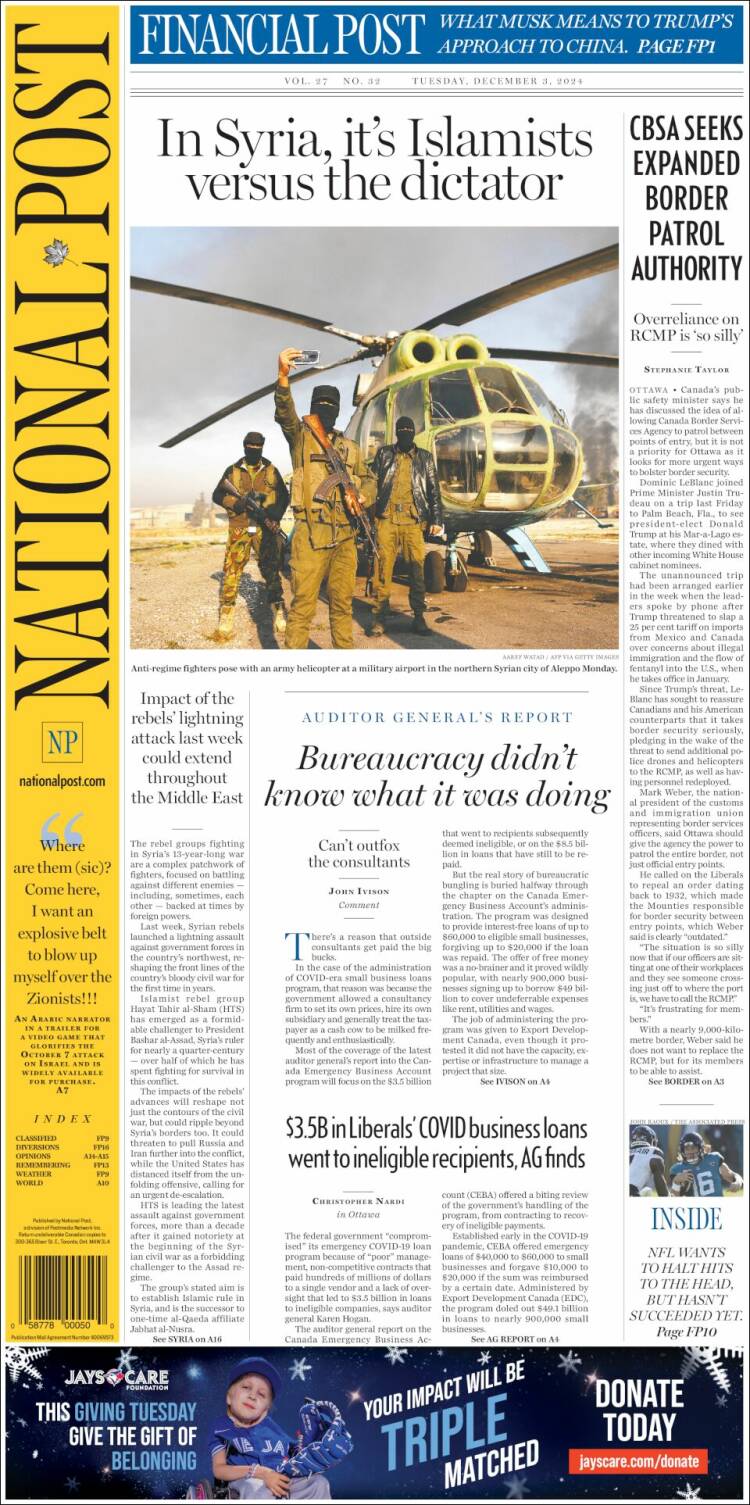 Portada de The National Post (Canadá)