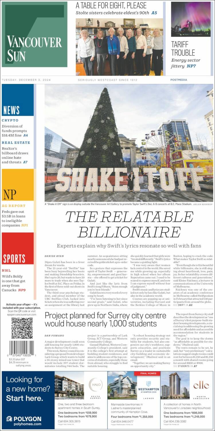 Portada de The Vancouver Sun (Canadá)