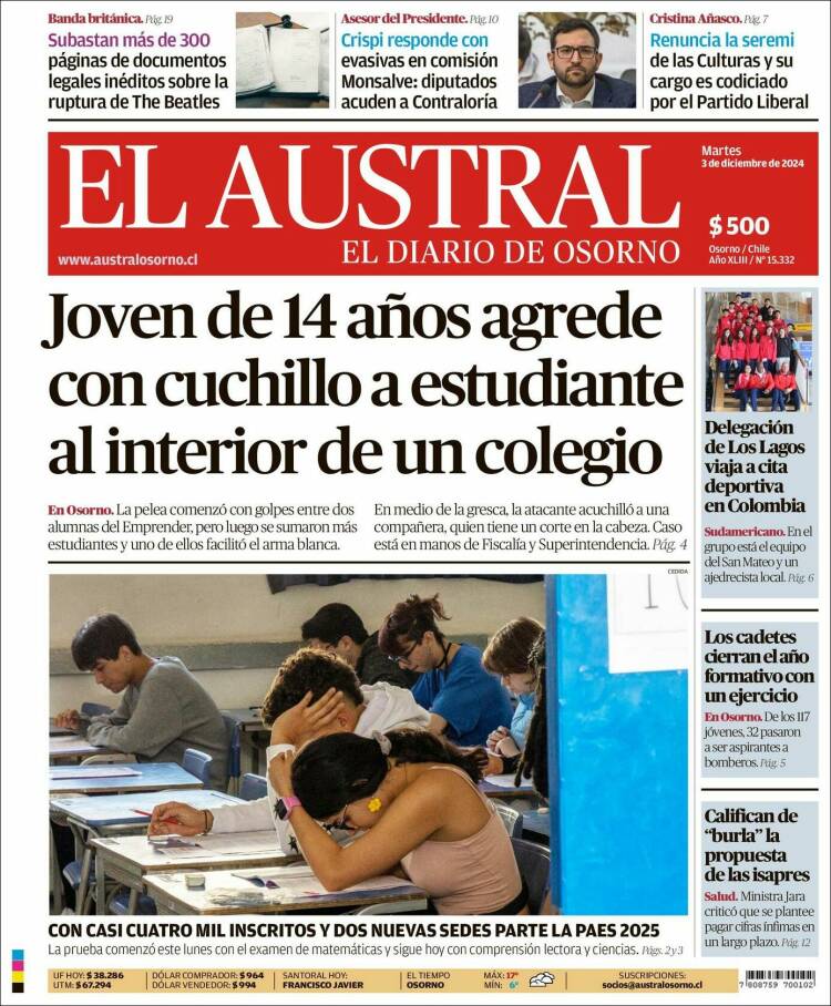 Portada de El Austral de Osorno (Chile)