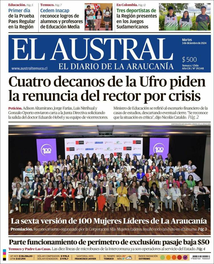 Portada de El Austral de Temuco (Chile)