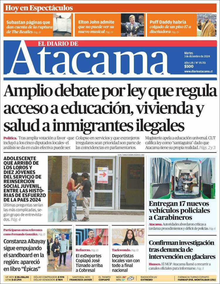 Portada de Diario de Atacama (Chile)