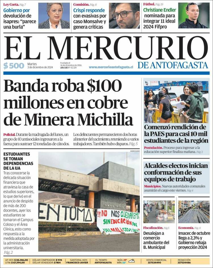 Portada de El Mercurio de Antofagasta (Chili)