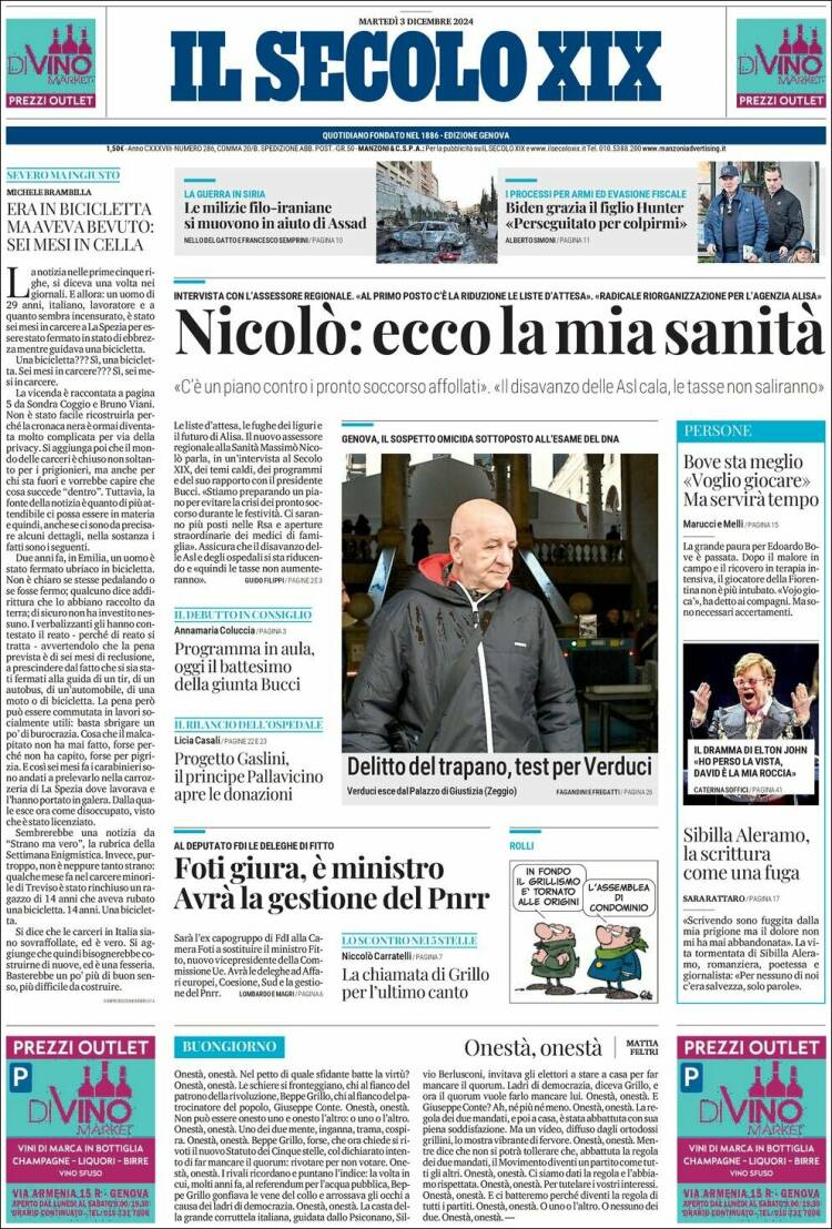 Portada de Il Secolo XIX (Italia)