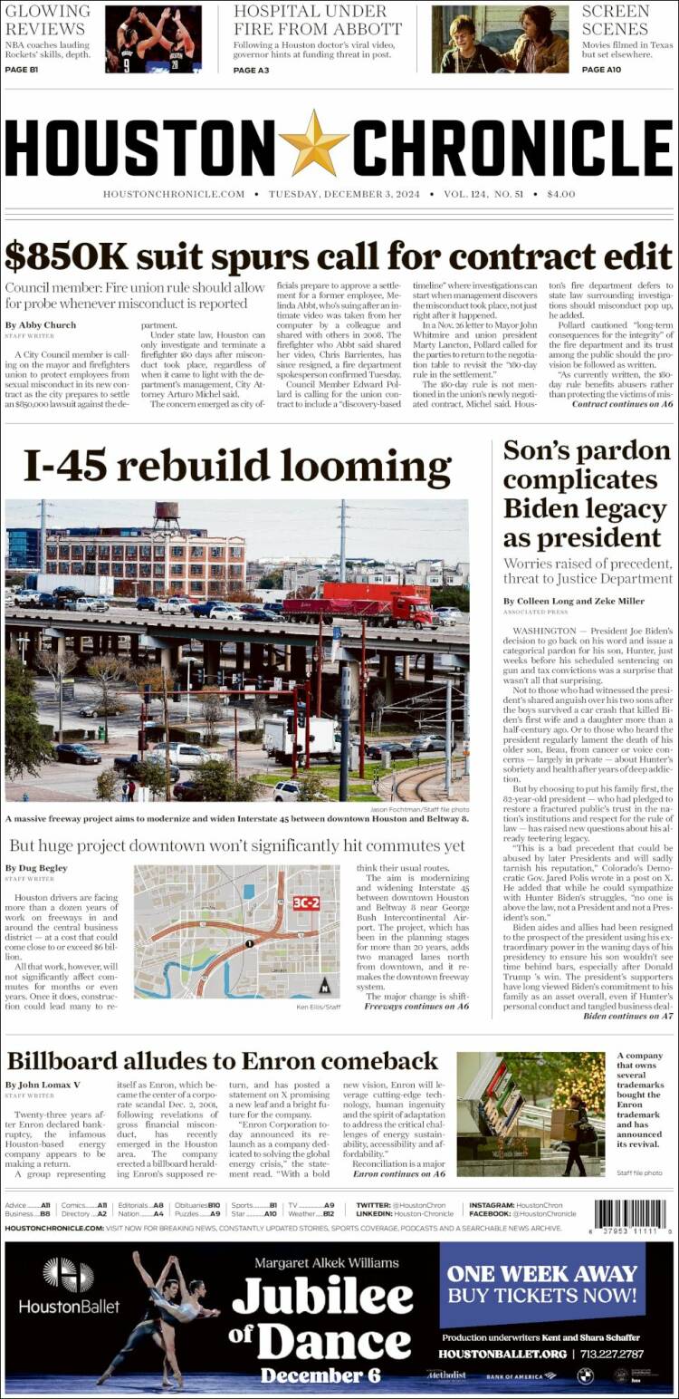 Portada de Houston Chronicle (USA)