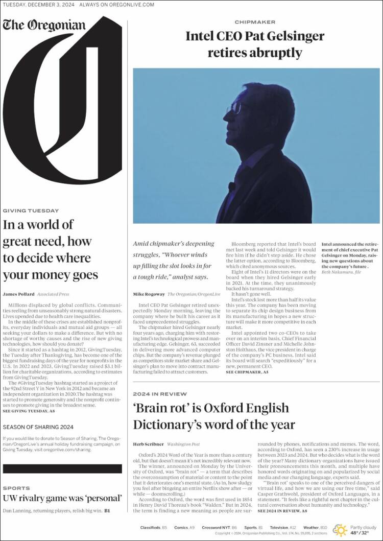 Portada de The Oregonian (USA)