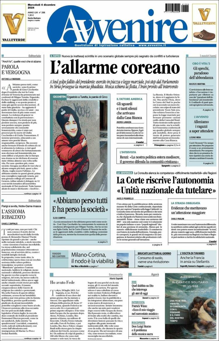 Portada de Avvenire (Italia)