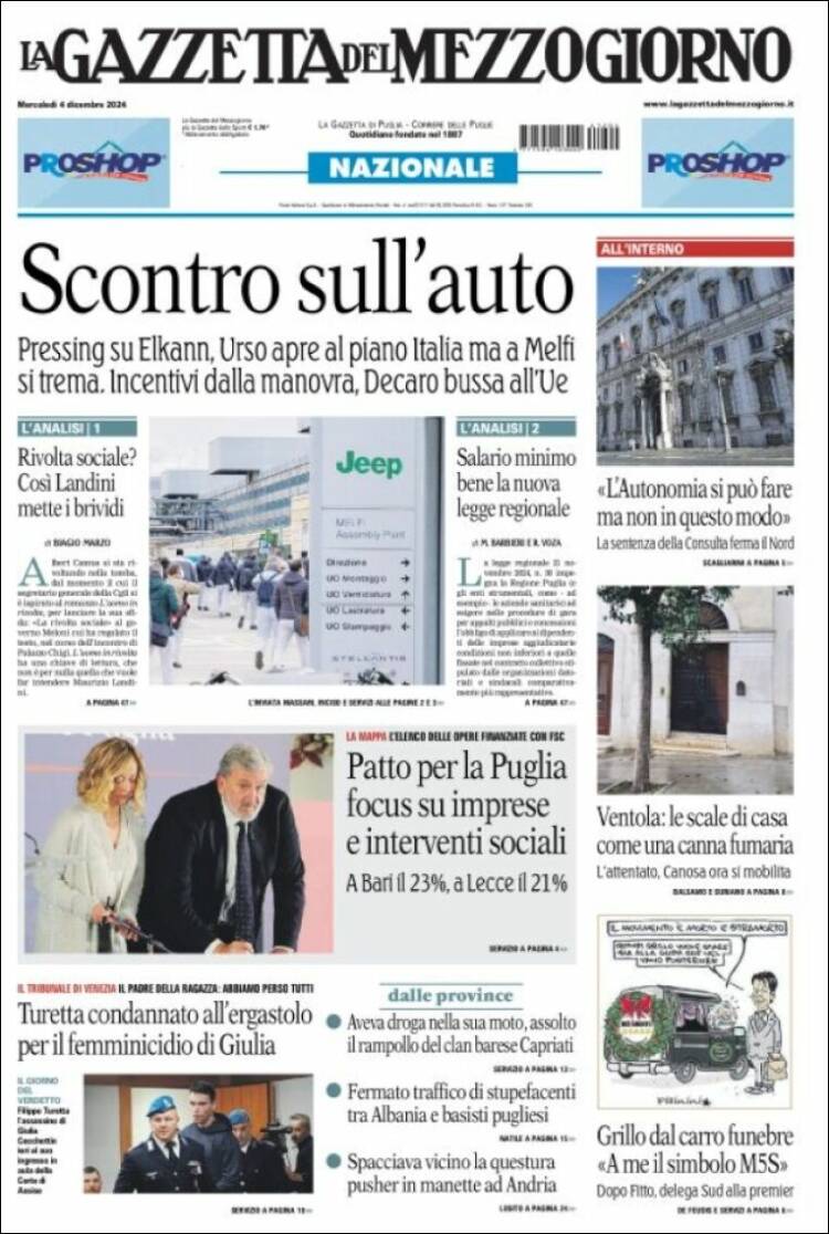Portada de La Gazzetta del Mezzogiorno (Italia)