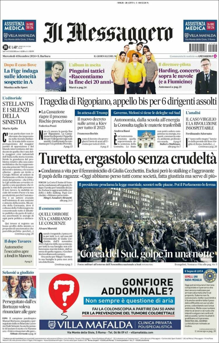 Portada de Il Messaggero (Italia)