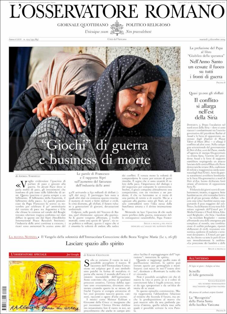 Portada de L'Osservatore Romano (Italia)