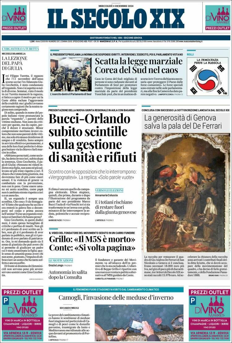 Portada de Il Secolo XIX (Italia)