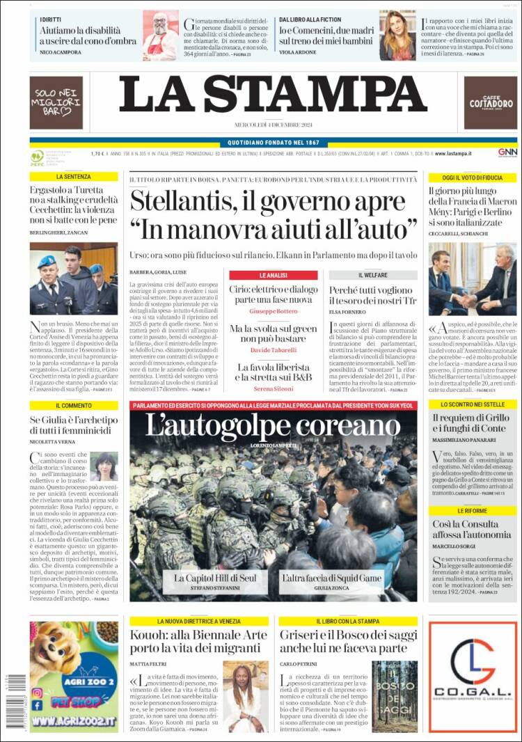 Portada de La Stampa (Italia)