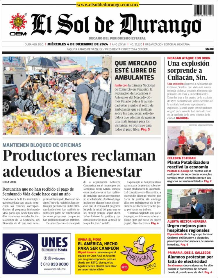 Portada de El Sol de Durango (M&eacute;xico)