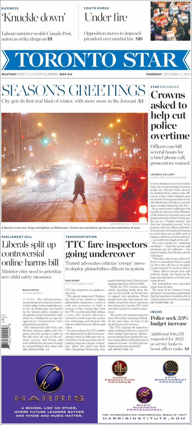 Portada de The Toronto Star (Canadá)