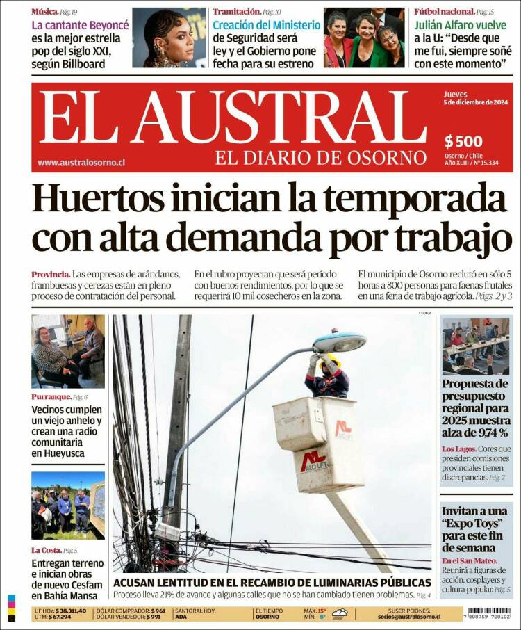 Portada de El Austral de Osorno (Chile)
