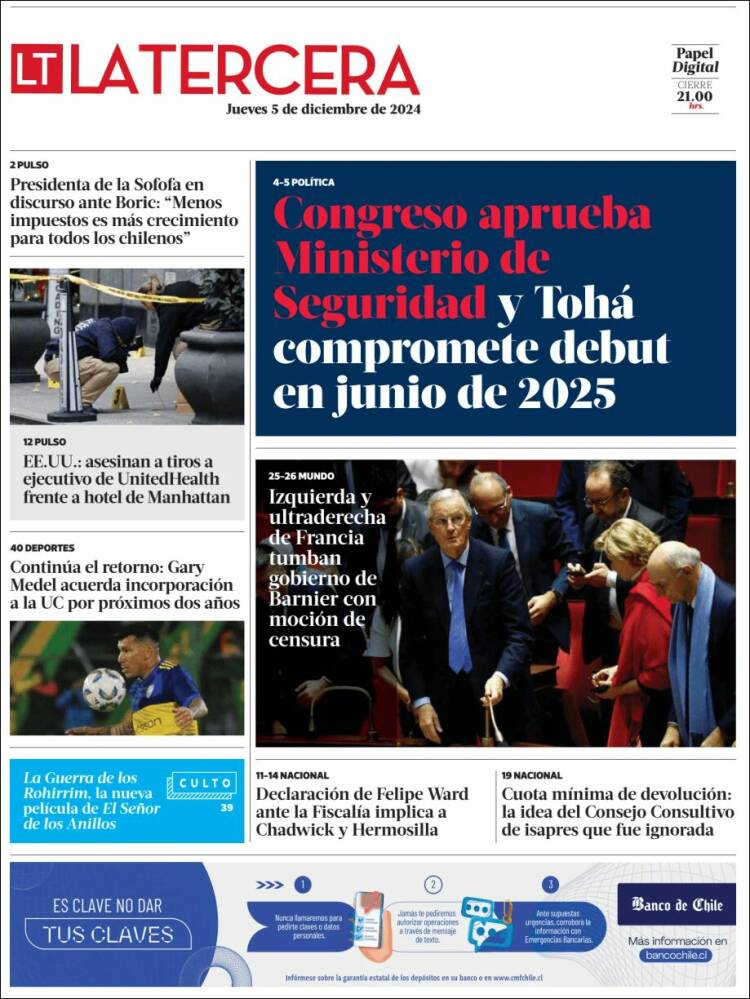 Portada de La Tercera (Chile)