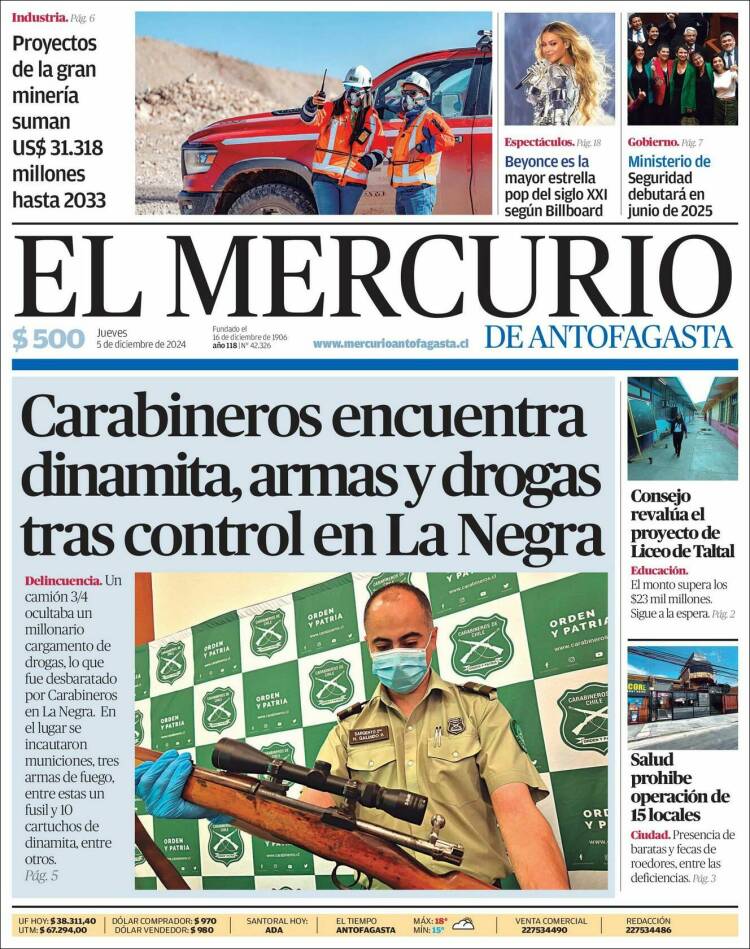 Portada de El Mercurio de Antofagasta (Chile)