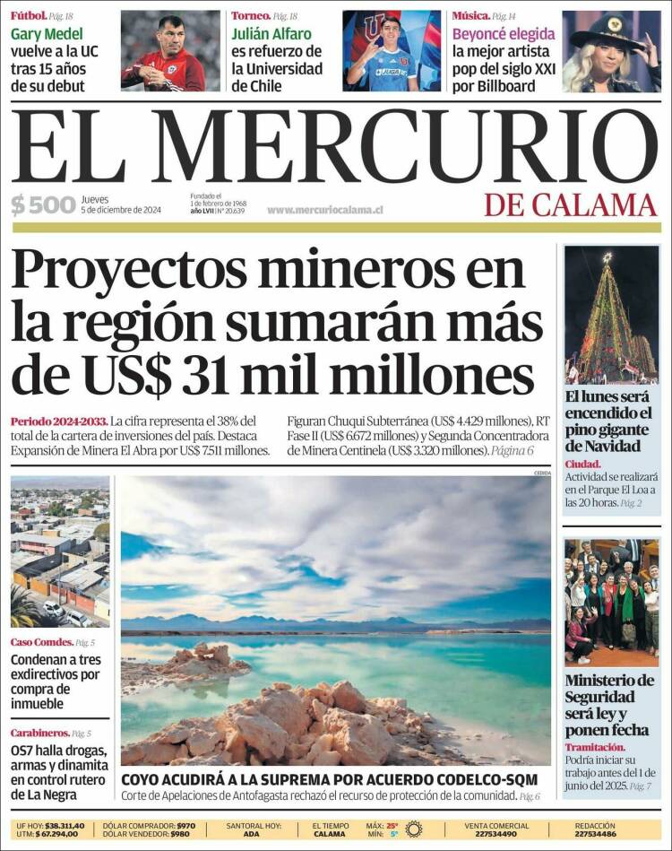 Portada de El Mercurio - Calama (Chile)