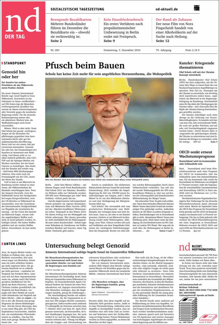 Portada de Neues Deutschland (Alemania)
