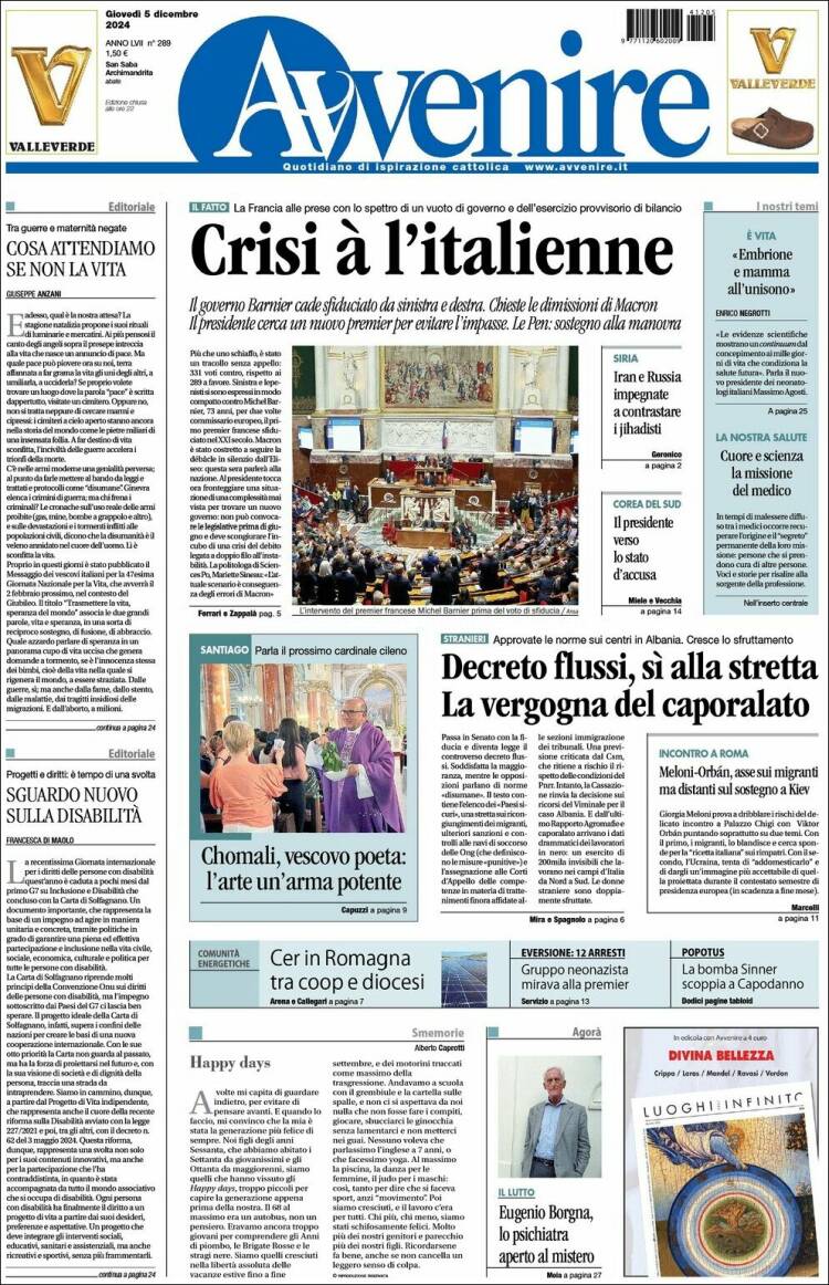 Portada de Avvenire (Italia)