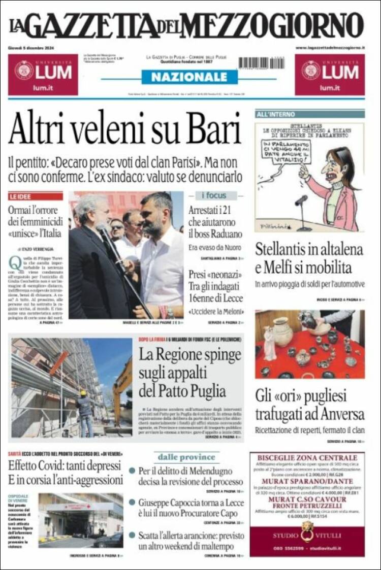 Portada de La Gazzetta del Mezzogiorno (Italia)