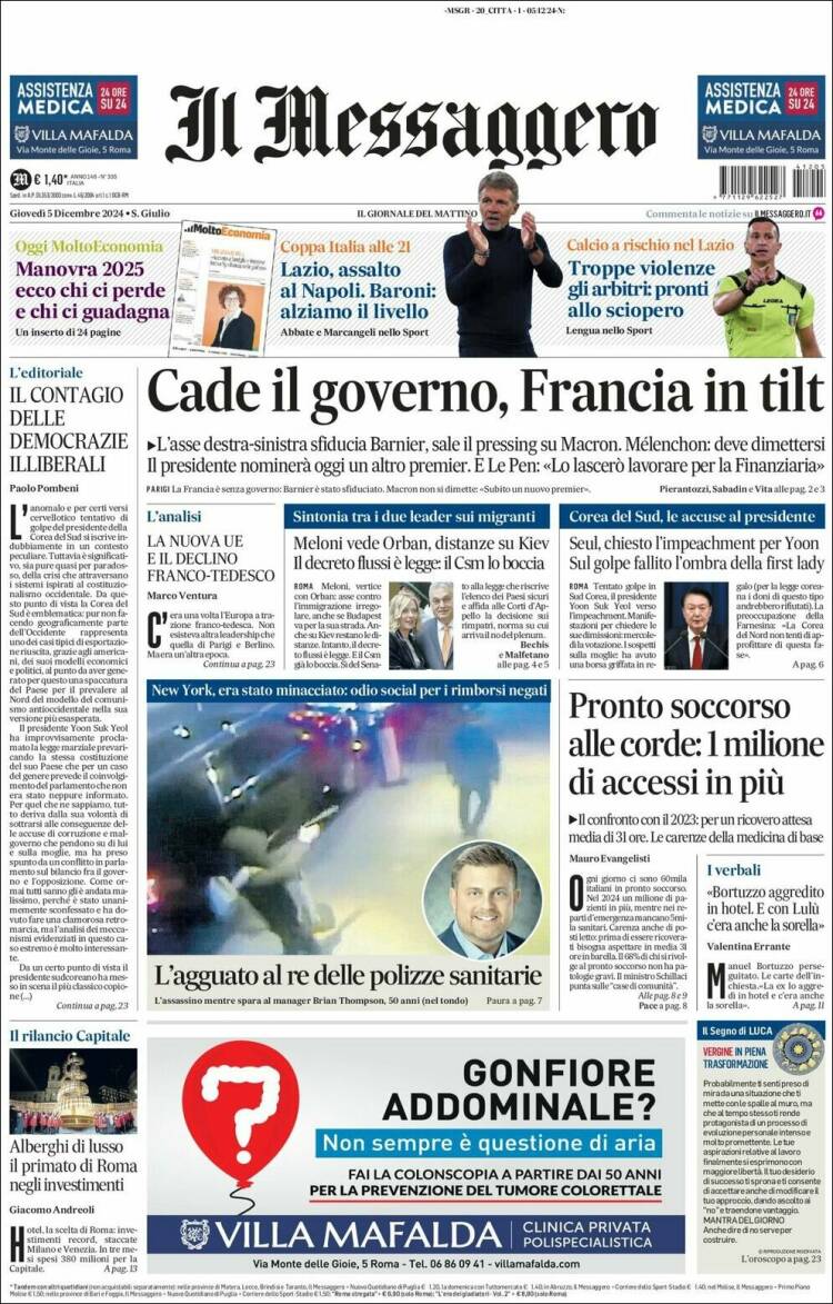 Portada de Il Messaggero (Italia)