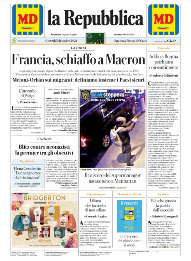 Portada de La Repubblica (Italia)