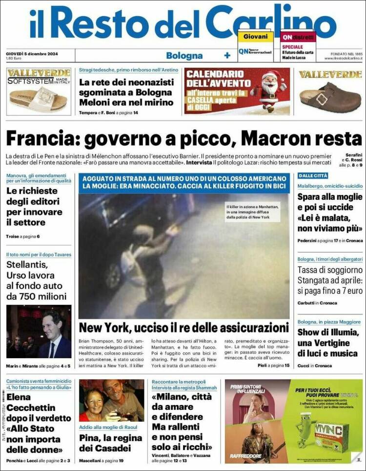Portada de Il Resto del Carlino (Italia)