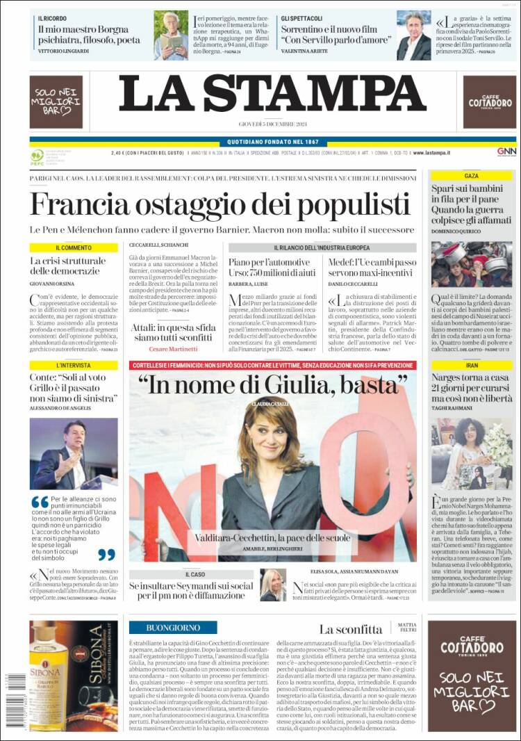 Portada de La Stampa (Italia)