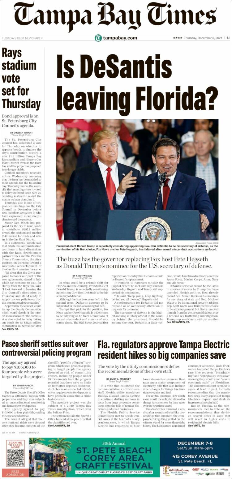 Portada de Tampa Bay Times (USA)