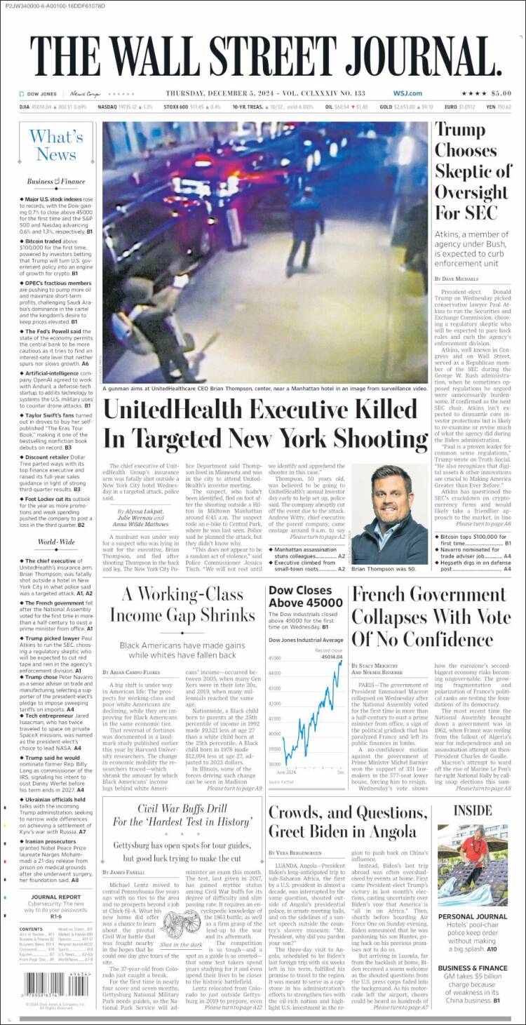 Portada de Wall Street Journal (USA)