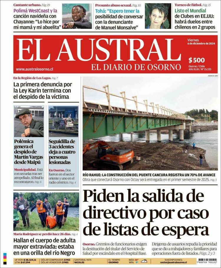 Portada de El Austral de Osorno (Chile)