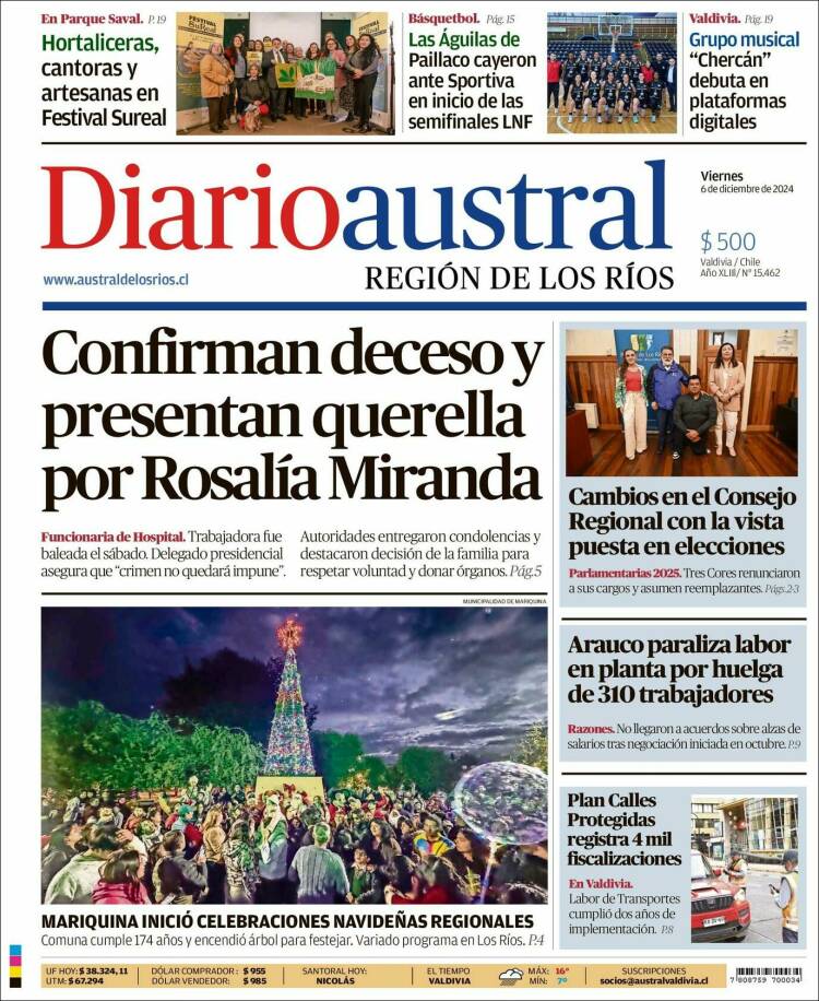 Portada de El Diario Austral de Valdivia (Chile)