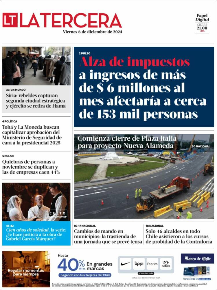 Portada de La Tercera (Chile)