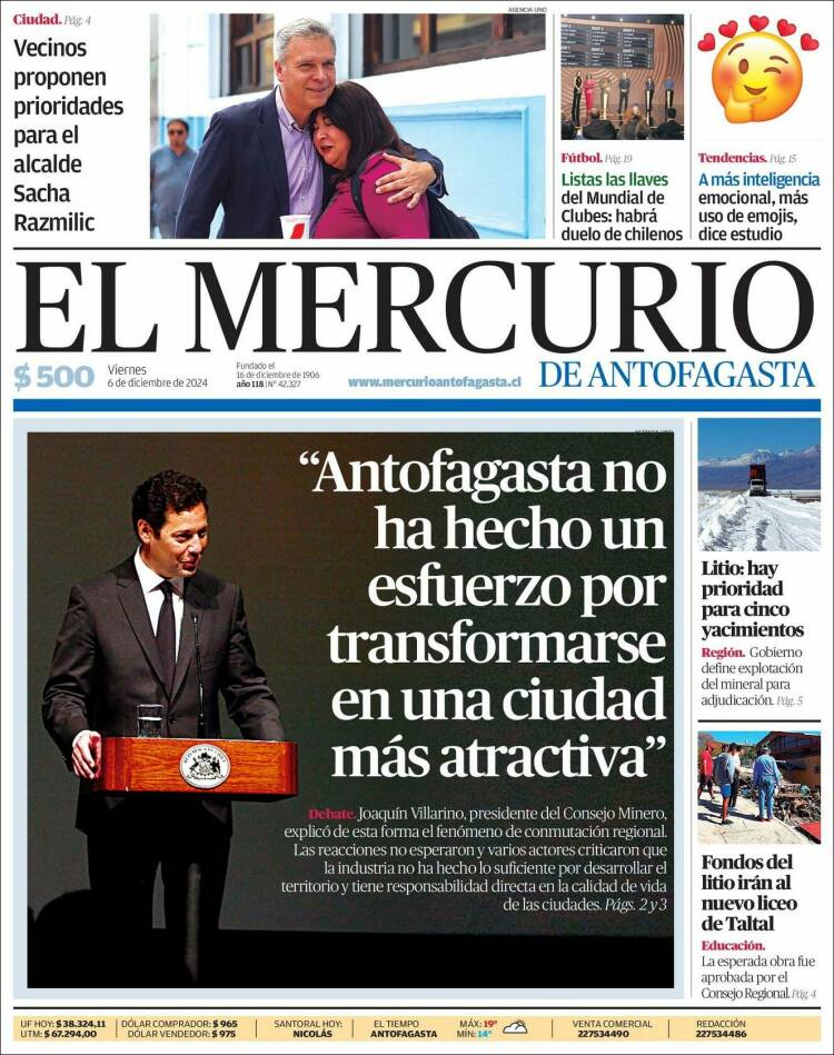 Portada de El Mercurio de Antofagasta (Chile)