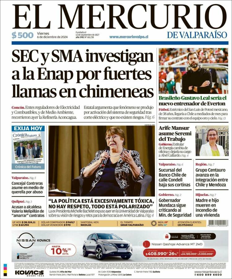 Portada de Mercurio de Valparaiso (Chile)