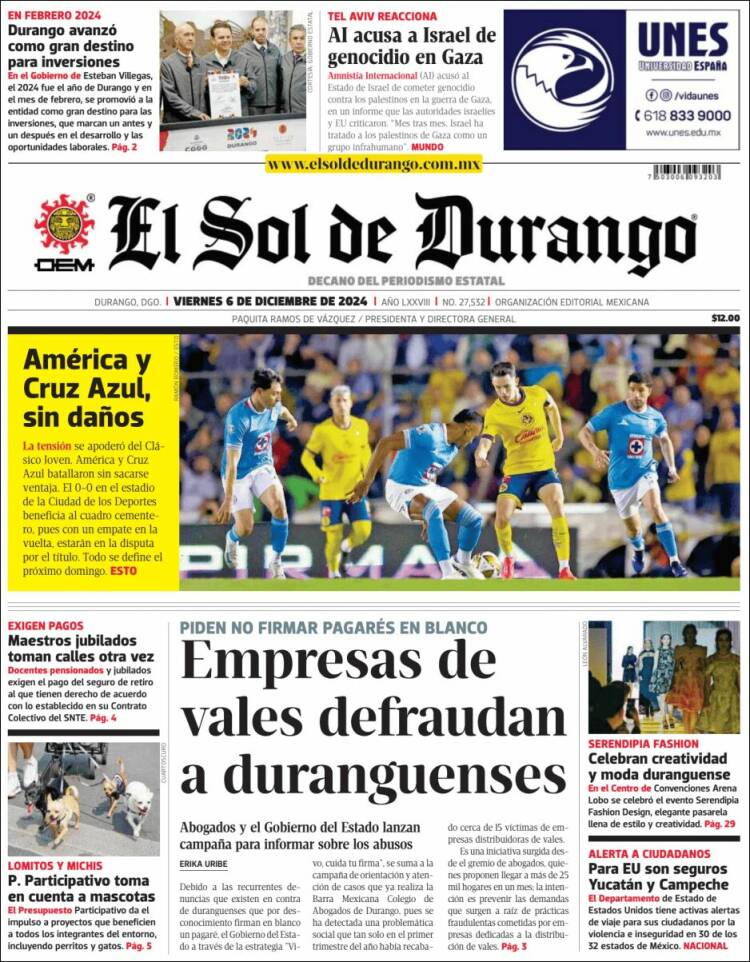 Portada de El Sol de Durango (México)