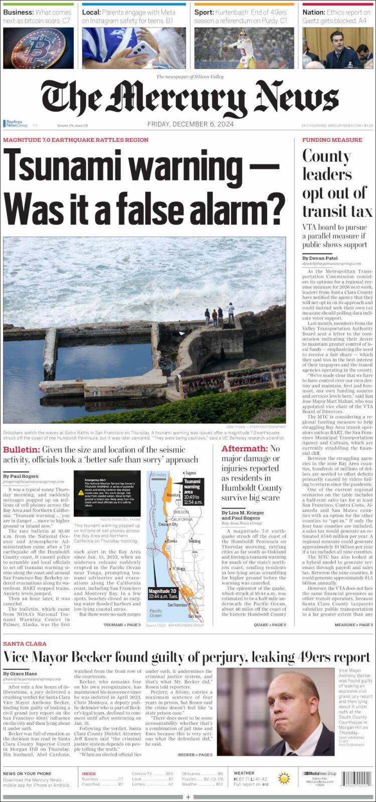 Portada de San Jose Mercury News (USA)