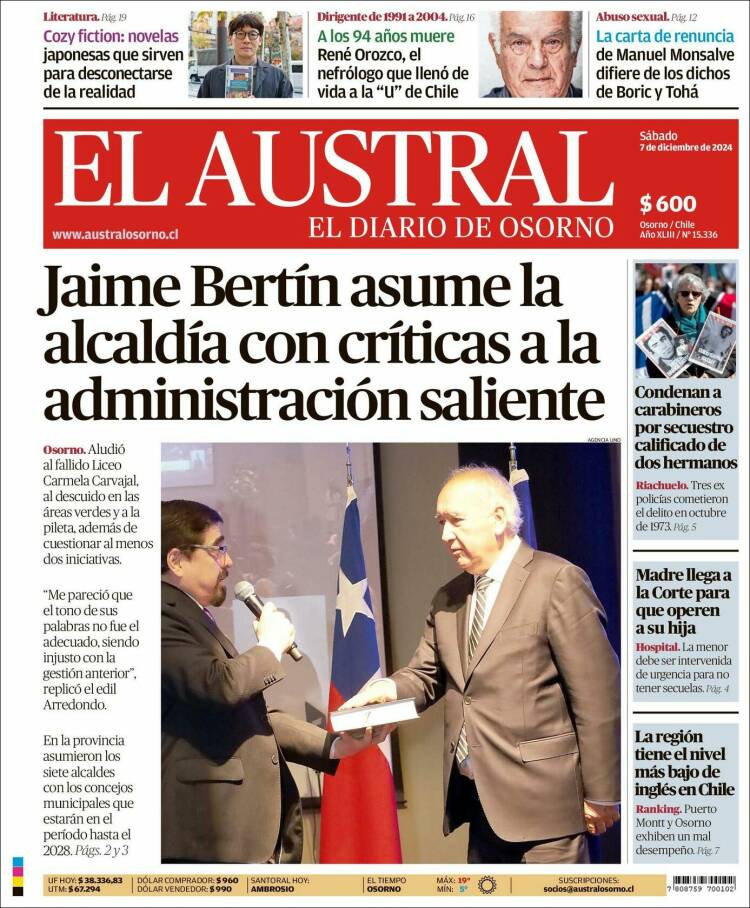 Portada de El Austral de Osorno (Chile)